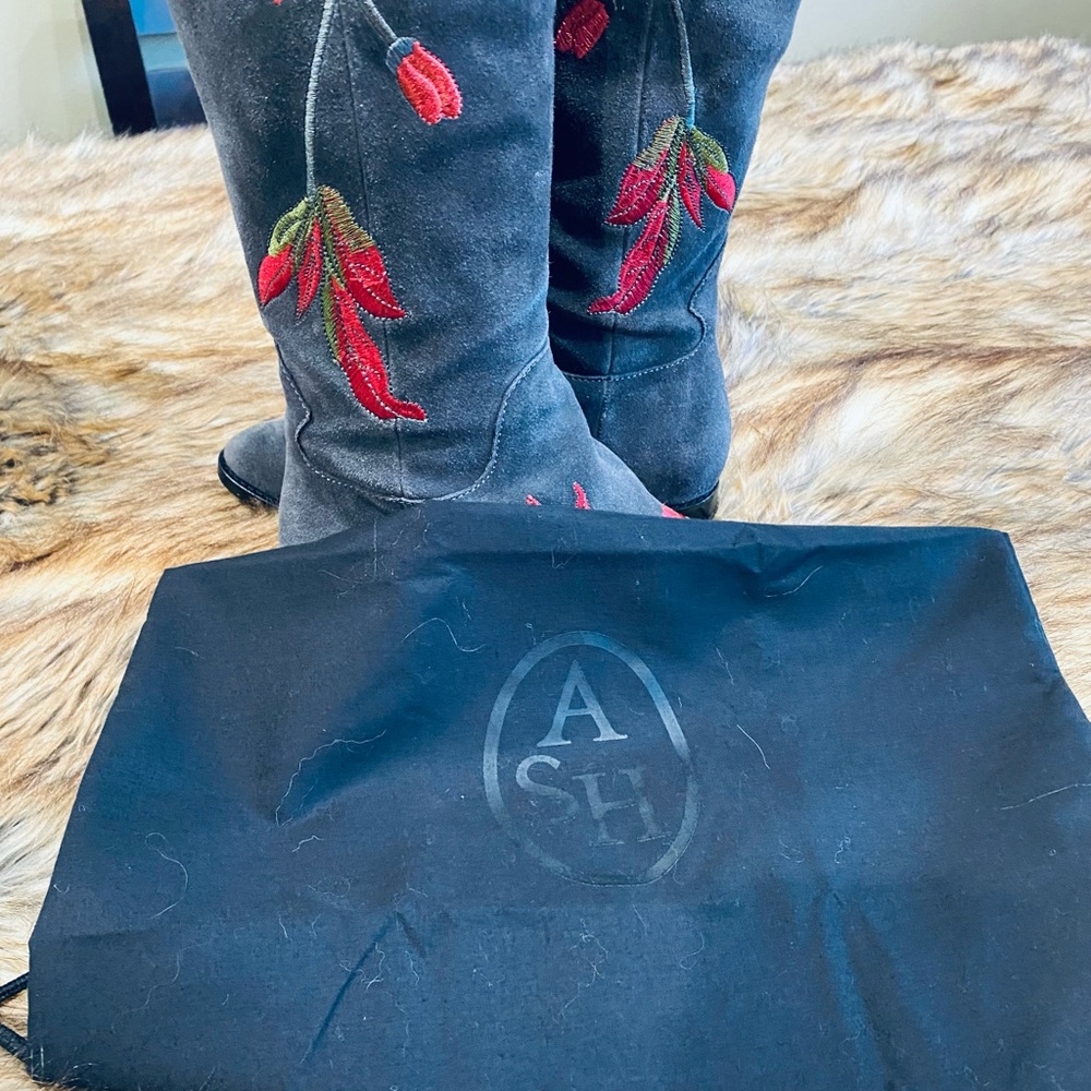 ASH OVER THE KNEE GREY SUEDE EMBROIDERED PINK/RED FLOWERS BOOTS FLAT - Picture 8 of 11